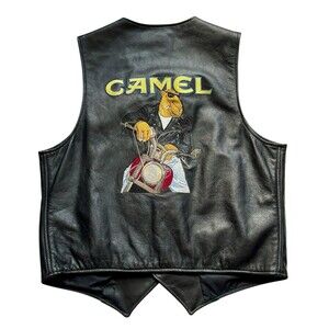 Rare USA made 90's Joe Camel Tobacco Embroidered Black Leather Vest Men’s 48